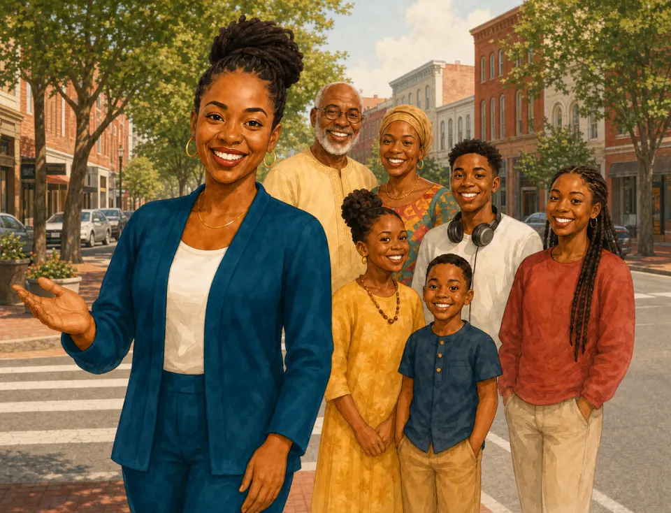 Illustration of a multigenerational family welcoming visitors on a Hagerstown, Maryland street.